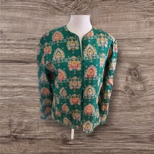 Vintage Adrianna Papell 100% Silk Green/Colorful Pattern 5 Button Down Jacket 12